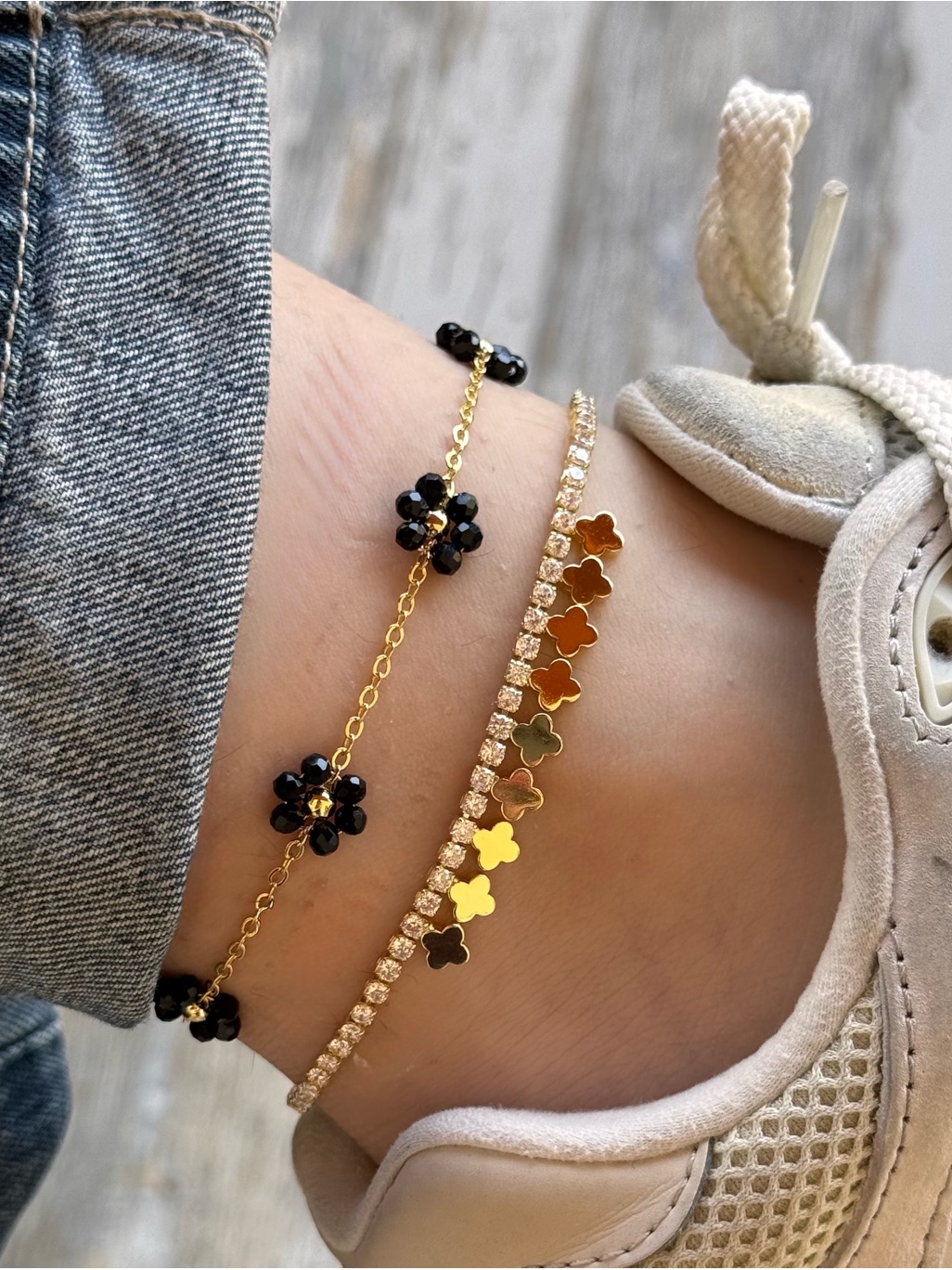 3/$40! Black Crystal Flower 14k Gold Plated Anklet Water Resistant Summer